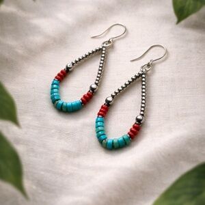 Turquoise and Red Beaded Teardrop Earrings